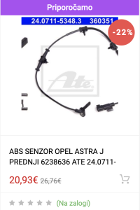 ABS SENZOR OPEL ASTRA J PREDNJI 6238636 ATE 24.0711-